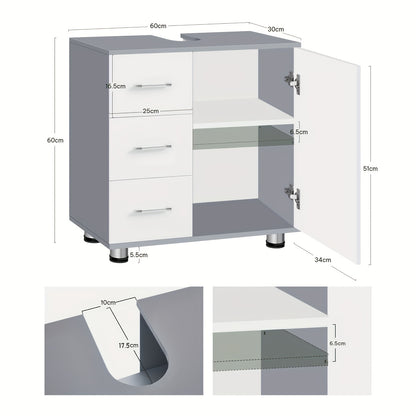 Waschtisch-Unterschrank 60x60x30cm Weiß-Grau - 3 Schubladen & 2 Fächer