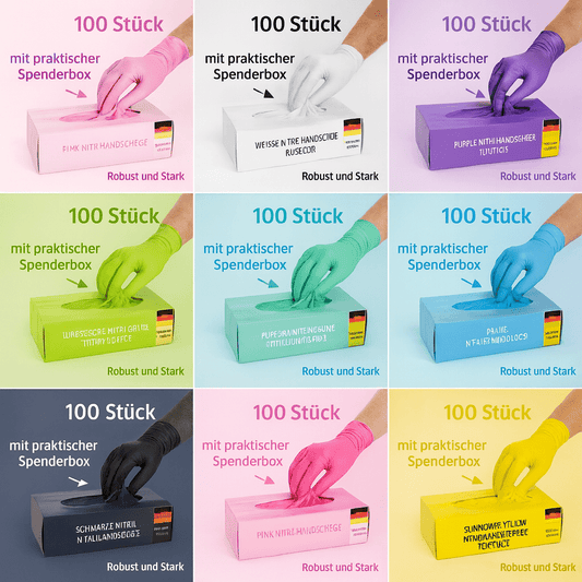 Einweghandschuhe 100 Stück – extra stark, bunt, Nitril, latexfrei, puderfrei, Kunststoff – Einmalhandschuhe für Haushalt, Medizin & Reinigung