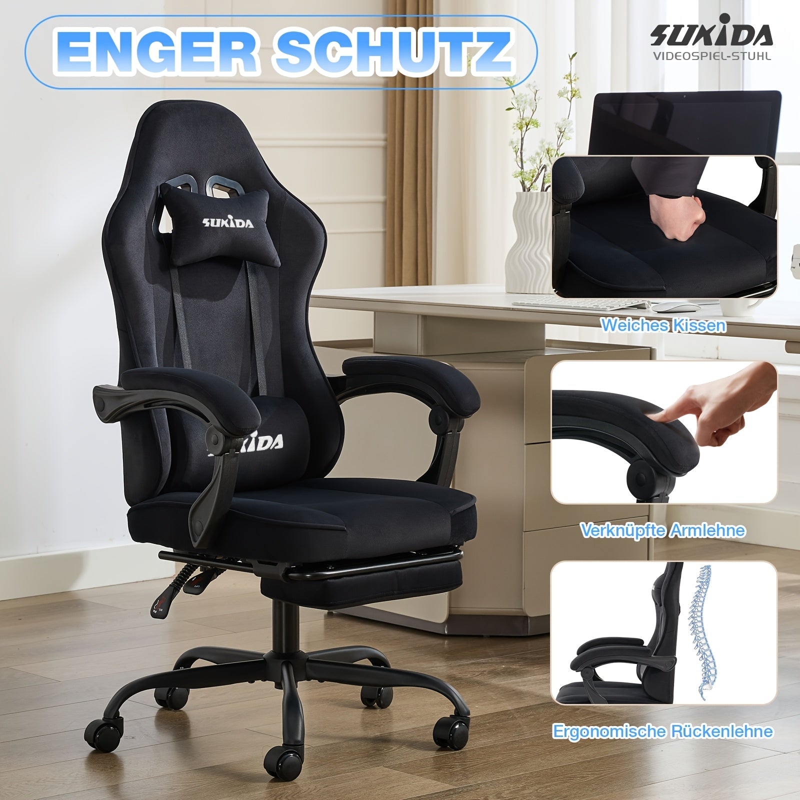 Gaming Chair Samt mit Fußstütze – Ergonomisch, drehbar, Memory Foam, 4 Farben