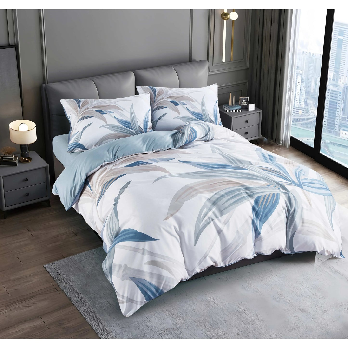 Bettwäsche-Set Nordic Blau-Grau Blatt-Motiv - 1 Bettbezug + 1-2 Kissenbezüge, Hochwertig Bedruckt (2-3 Teilig) - FUXLShop
