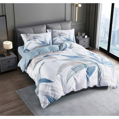 Bettwäsche-Set Nordic Blau-Grau Blatt-Motiv - 1 Bettbezug + 1-2 Kissenbezüge, Hochwertig Bedruckt (2-3 Teilig) - FUXLShop