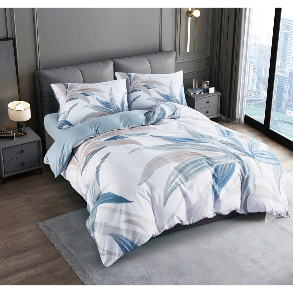 Bettwäsche-Set Nordic Blau-Grau Blatt-Motiv - 1 Bettbezug + 1-2 Kissenbezüge, Hochwertig Bedruckt (2-3 Teilig) - FUXLShop