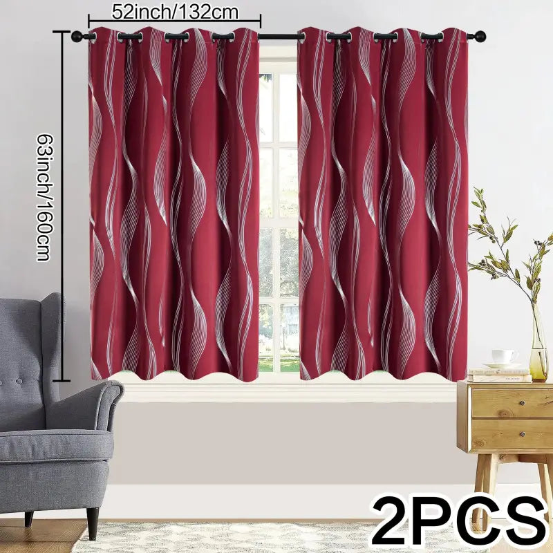 Verdunkelungsvorhänge 2er set 213cm lang in rot mit geometrischem wellen-muster silber und schwarzen ösen