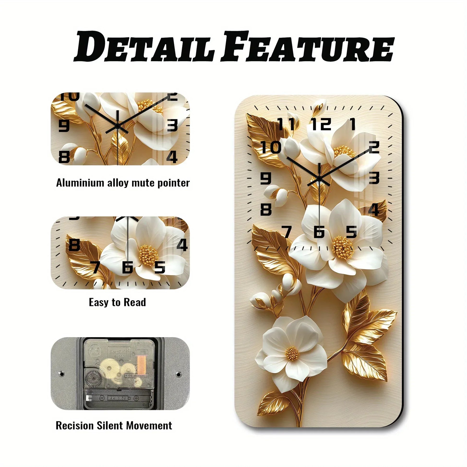 Wanduhr Holz mit Kristall - Weiße Magnolien & Goldene Blätter - Lautlos 19x38cm - FUXLShop