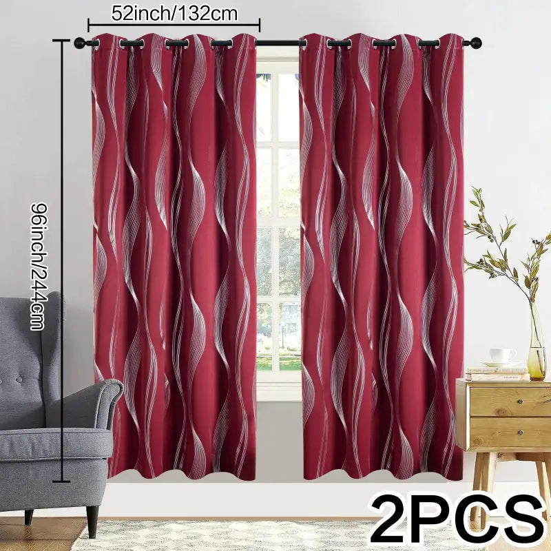 Verdunkelungsvorhänge 2er set 213cm lang mit geometrischem wellen-muster silber in rot mit schwarzen ösen