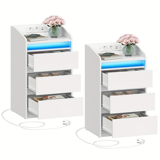 2er-Set Nachttische mit 3 Schubladen, LED-Licht & Ladestation – 2 Steckdosen, 2 USB-Ports, Weiß, ideal für Schlafzimmer & Wohnzimmer, montierbar