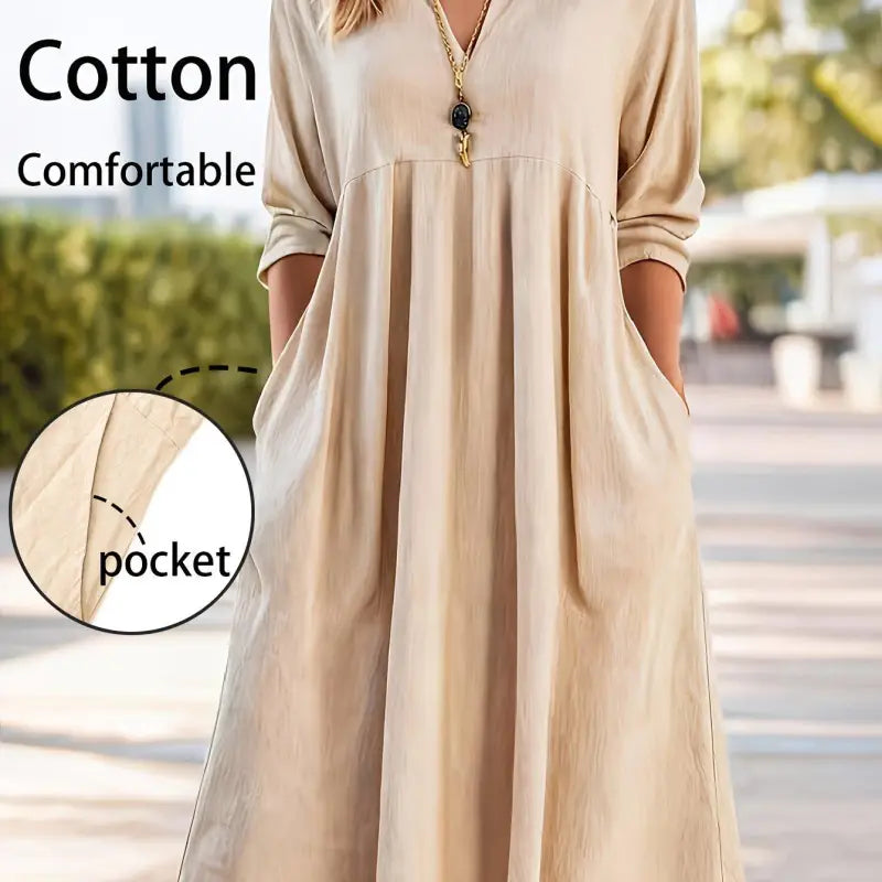 Beige cotton damen casual retro midikleid mit v-ausschnitt, dreiviertelarm, seitentaschen und relaxed fit
