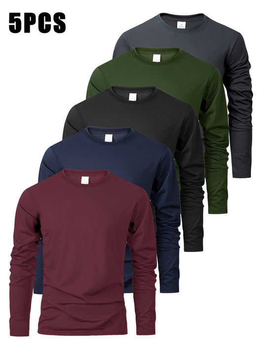 5er-Pack Herren Langarmshirts – Einfarbig, Rundhals, leicht & bequem, ideal für Alltag, Sport & alle Jahreszeiten, in Weiß, Grau, Schwarz, Bordeaux & Navy