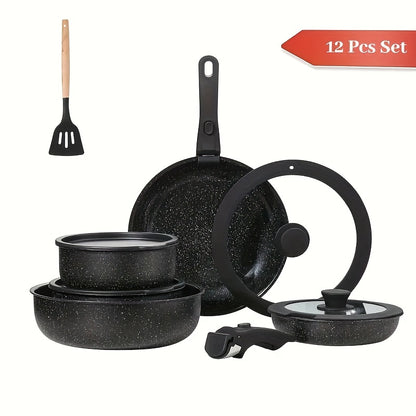 Kpxsiaion Keramik Antihaft-Kochgeschirr-Set mit abnehmbaren Griffen, induktionsgeeignet, stapelbar – Schwarz