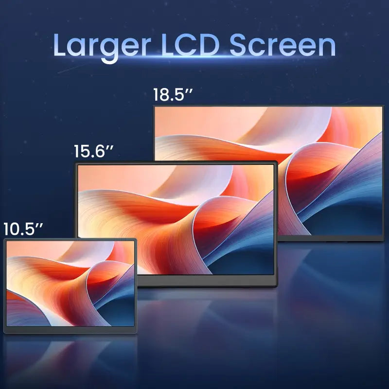 Drei portabler monitor lcd bildschirme in 10,5”, 15,6” und 18,5” mit 1080p fhd ips und dual-lautsprecher auf dunklem rahmen