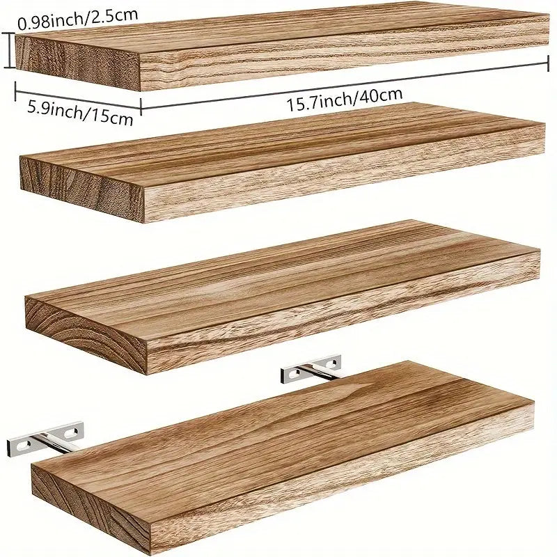 Wandregal 4er-set aus paulownia-holz mit natürlicher maserung und metallhalterungen als schwebende wandregale