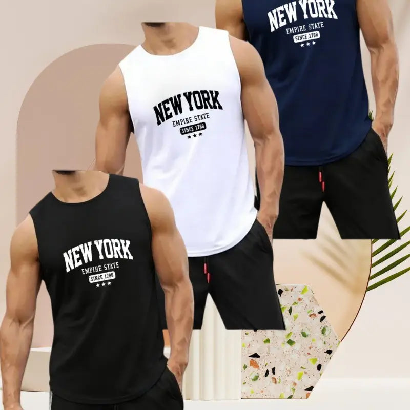 Weiße, schwarze und marineblaue herren tank tops im 3er-pack mit atmungsaktivem stoff und new york print vorne