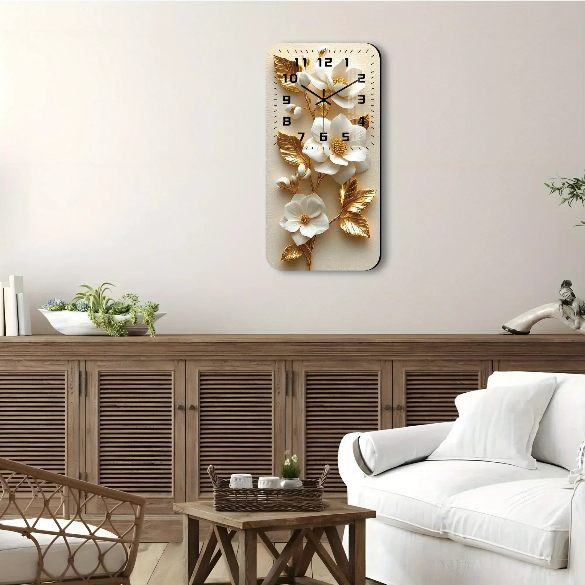 Wanduhr Holz mit Kristall - Weiße Magnolien & Goldene Blätter - Lautlos 19x38cm - FUXLShop