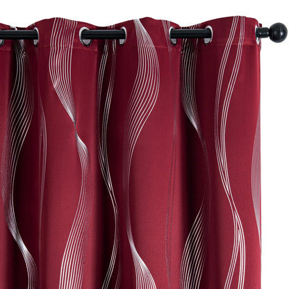 Verdunkelungsvorhänge mit Ösen - Geometrische Wellen-Muster Silber - 213cm Lang, Blickdicht & Wärmeisolierend (2er Set) - FUXLShop