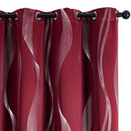 Verdunkelungsvorhänge 2er set 213cm lang in tiefrot mit geometrische wellen-muster silber und ösen für einfachen aufhang