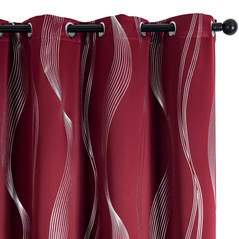 Verdunkelungsvorhänge 2er set 213cm lang in tiefrot mit geometrische wellen-muster silber und ösen für einfachen aufhang