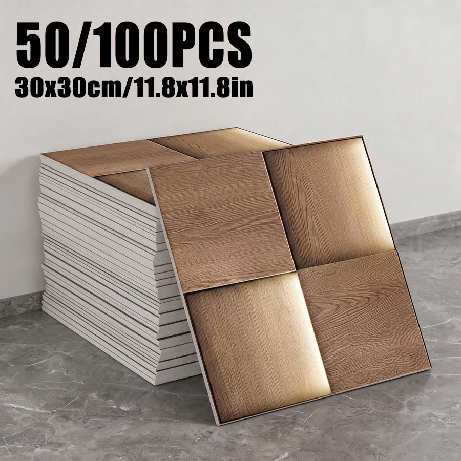 Quadratische Wandfliesen mit vier Holzoptik-Feldern und gedrucktem Licht- und Schatteneffekt