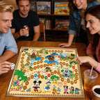 Bunte cartoon tischdecke tischspiel mit donald duck, mickey und stitch auf holztisch mit nummerierten feldern