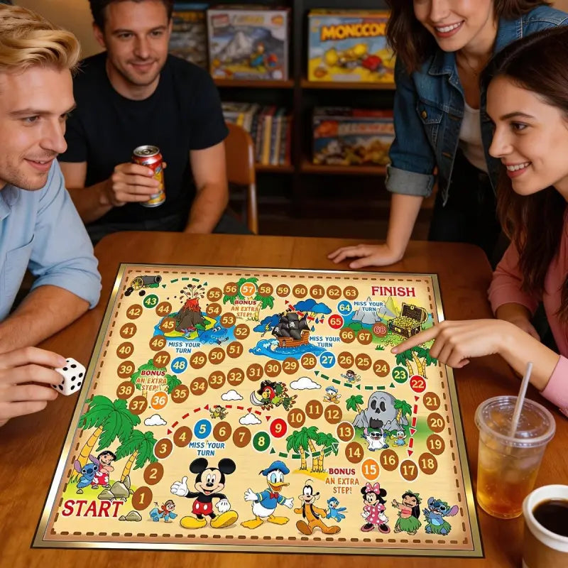 Bunte cartoon tischdecke tischspiel mit donald duck, mickey und stitch auf holztisch mit nummerierten feldern
