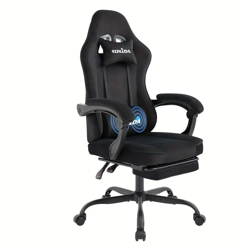 Schwarzer gaming stuhl samt mit fußstütze ergonomisch drehbar memory foam und lendenstützkissen online bestellen günstige angebote