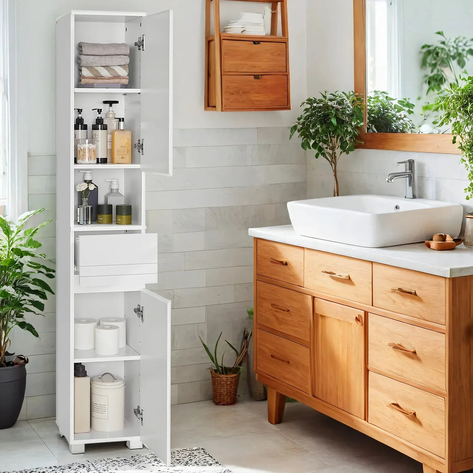 Badezimmerschrank 30x30x170 cm – Modernes Badmöbel mit Schublade, verstellbaren Regalen & offenem Fach - FUXLShop