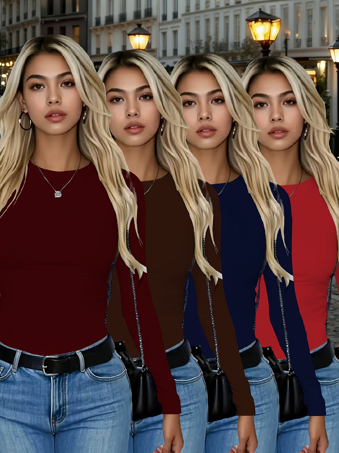 4er-Pack Damen Langarmshirts Rundhals – Stretch Basic-Tops Uni-Farben