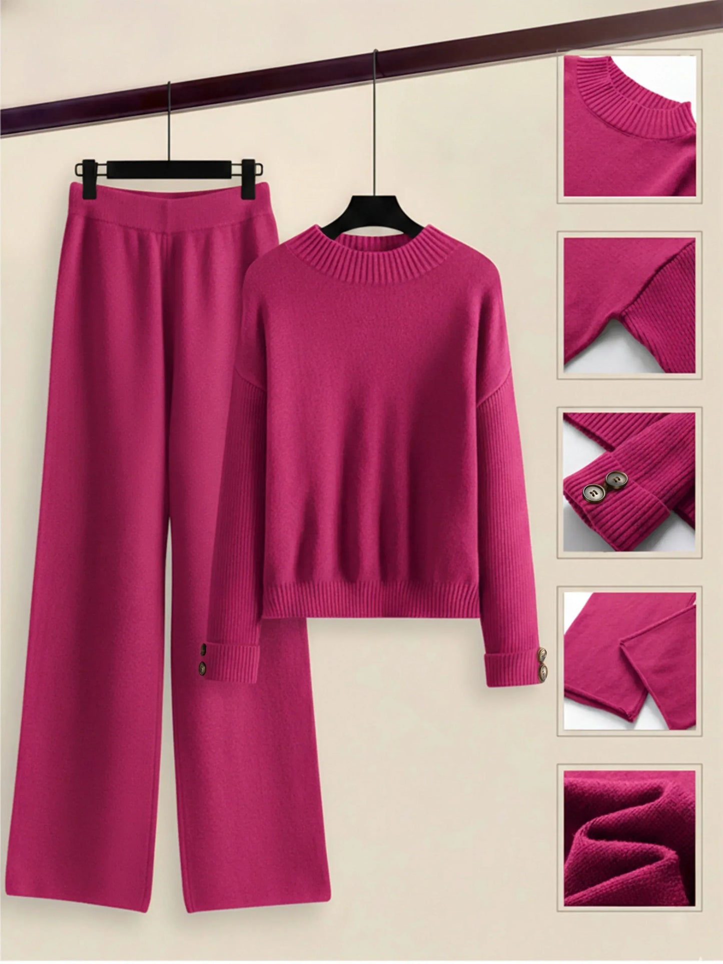 Damen Zweiteiler-Set mit Seitenstreifen – Rundhals Pullover & Gerade Hose, Weiche Freizeitkleidung für Herbst & Winter - FUXLShop