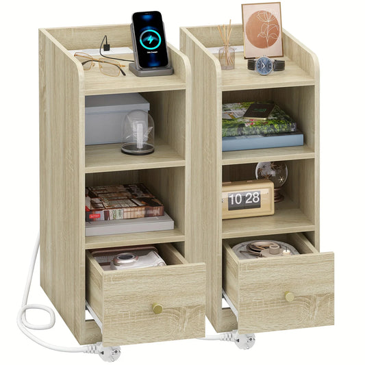 Nachttisch 2er-Set mit USB & Typ-C Ladestation, 3 Ablagen, Schublade – Eiche
