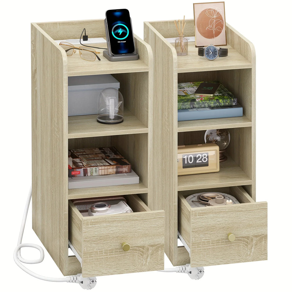 Nachttisch 2er-Set mit USB & Typ-C Ladestation, 3 Ablagen, Schublade – Eiche