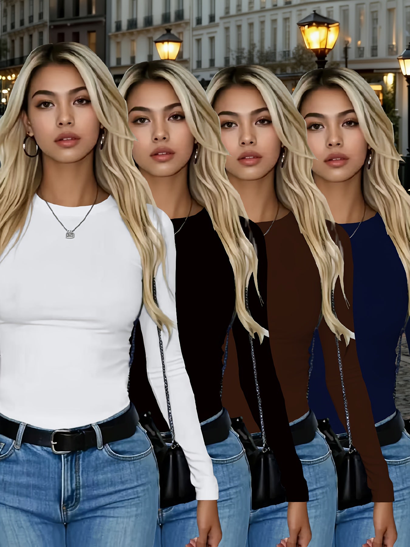 4er-Pack Damen Langarmshirts Rundhals – Stretch Basic-Tops Uni-Farben