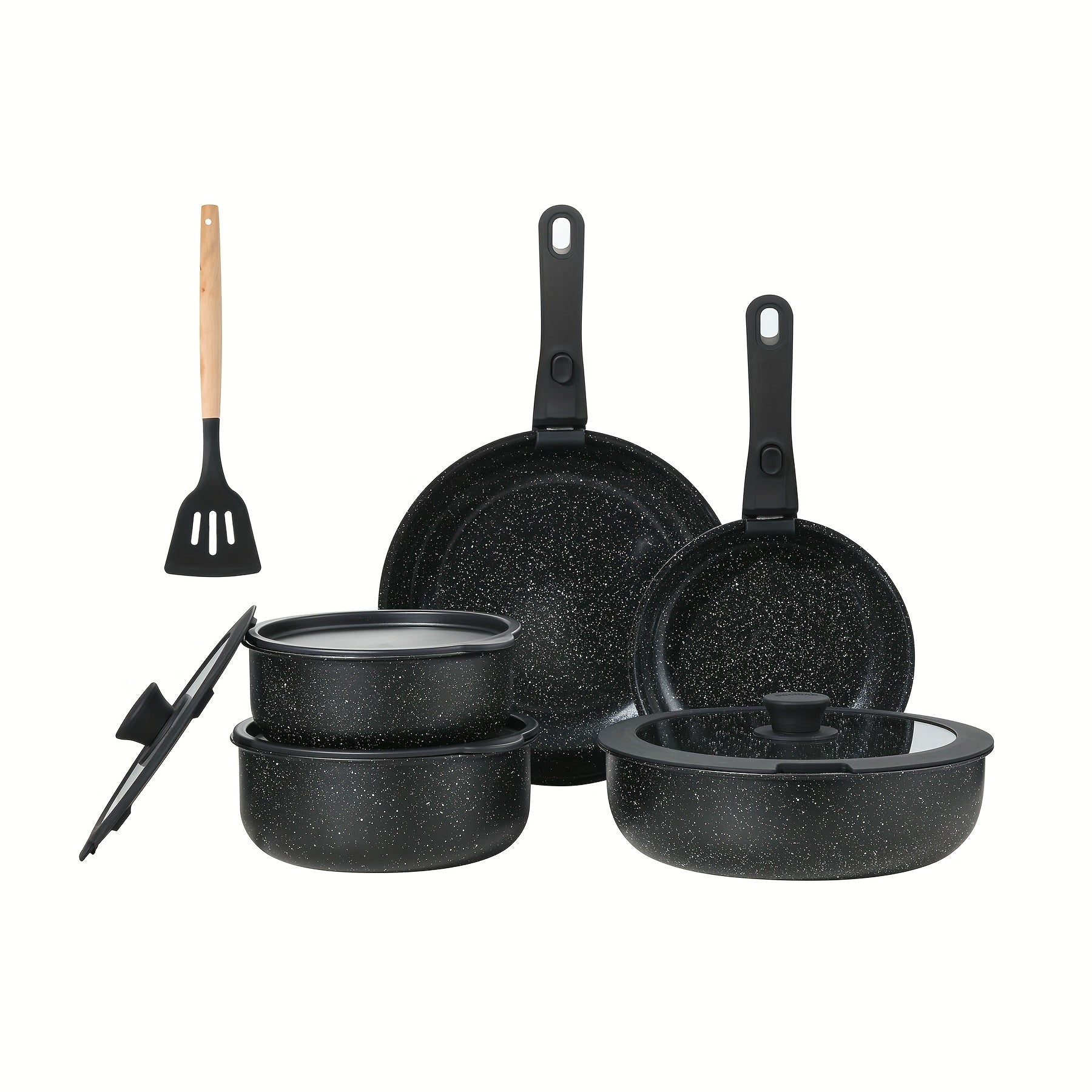 Antihaft-Kochgeschirr-Set mit abnehmbaren Griffen, spülmaschinenfest, induktionsgeeignet – Schwarz