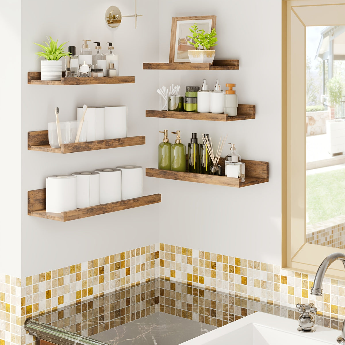 Tomnk 6pcs Uneven Length Floating Shelves for Wall, U-Shaped Wall Shelves of Different Lengths, MDF Multi-Functional Storage Shelves, Strong Load-Bearing Capacity, Three Colors Available, Suitable for Bedrooms, Living Rooms, Kitchens, Bathrooms