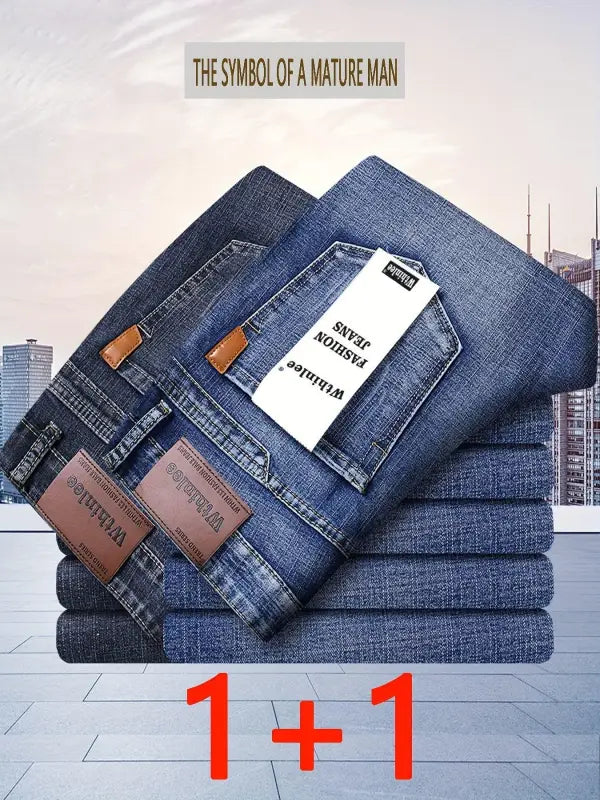 Dunkelblaue herren jeans mit loose fit und straight leg aus stretch denim mit braunen lederpatches im business casual style