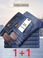 Dunkelblaue herren jeans mit loose fit und straight leg aus stretch denim mit braunen lederpatches im business casual style