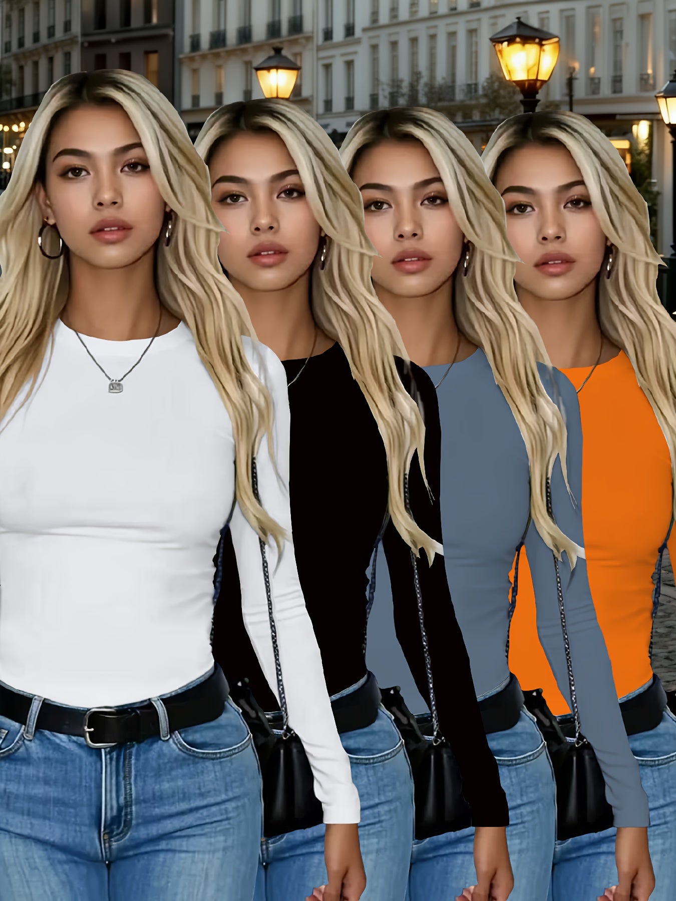 4er-Pack Damen Langarmshirts Rundhals – Stretch Basic-Tops Uni-Farben