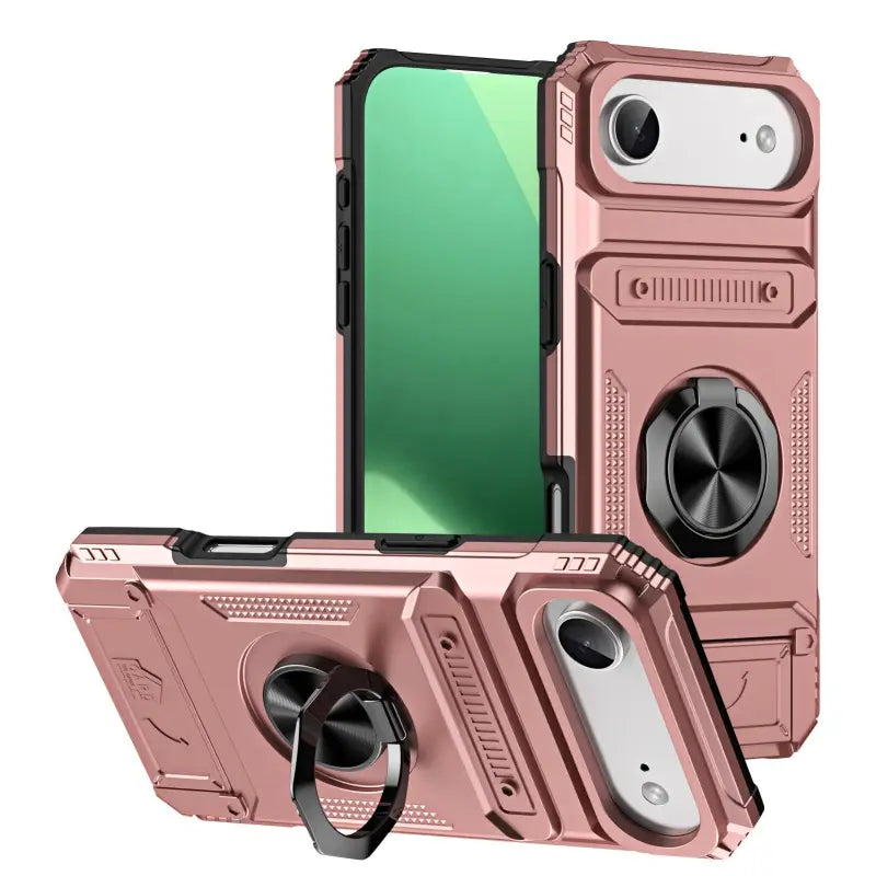 Stoßfeste handyhülle in rosegold mit schwarzem metallhalter und strukturierten schutzpaneelen hinten für iphone 11 bis 17 pro max online bestellen