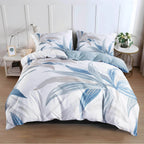 Bettwäsche-Set Nordic Blau-Grau Blatt-Motiv - 1 Bettbezug + 1-2 Kissenbezüge, Hochwertig Bedruckt (2-3 Teilig) - FUXLShop