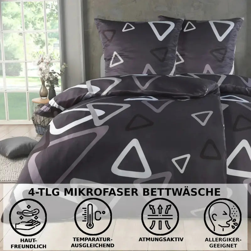 Dunkelgraues bettwäsche-set 135x200 4-teilig aus mikrofasern mit modernem geometrischem muster in weiß und schwarz