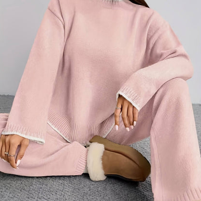 Zweiteiler Damen ZD0505906 – Elegantes Set mit Rundhals Pullover & Hose, Kontrastdesign, Frühling bis Winter
