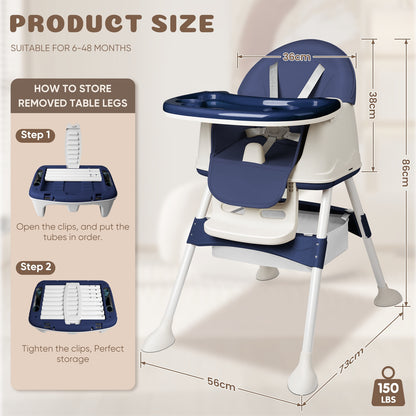 4-in-1 Baby-Hochstuhl mitwachsend - Verstellbar mit Sicherheitsgurt, Tablett & PU-Polster, Blau