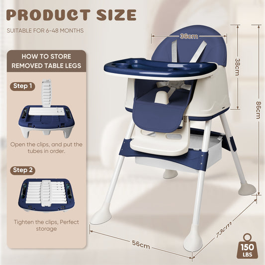 4-in-1 Baby-Hochstuhl mitwachsend - Verstellbar mit Sicherheitsgurt, Tablett & PU-Polster, Blau