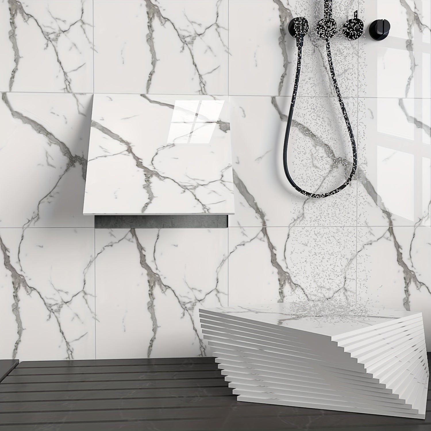 Luxury Marble Wall Panels 47.78×47.78 cm aus 3D-Vinyl, selbstklebend, spritzwassergeschützt und geeignet für Schlafzimmer, Wohnzimmer, Dusche und Bar
