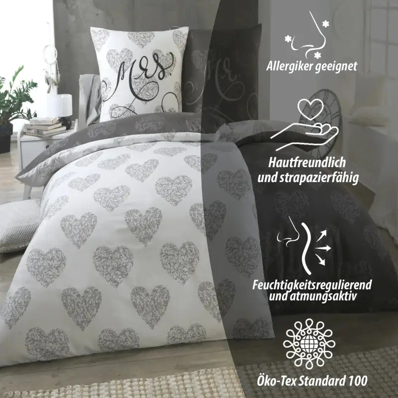 Grau weißes bettwäsche-set 135x200 4-teilig mit herzmuster und eleganter stickerei für allergiker geeignet
