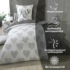 Grau weißes bettwäsche-set 135x200 4-teilig mit herzmuster und eleganter stickerei für allergiker geeignet