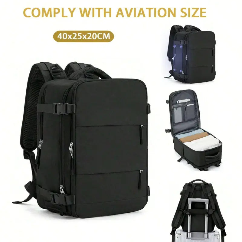 Schwarzer reiserucksack 40x20x25 cm handgepäck erweiterbar airline-konform mit mehreren reißverschlüssen und griff zum rollen
