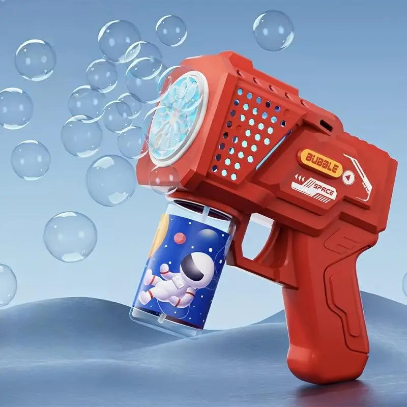 Rote elektrische bubble gun mit blauem zylindertank und astronaut-design seifenblasenmaschine led bubble für kinder ab 3