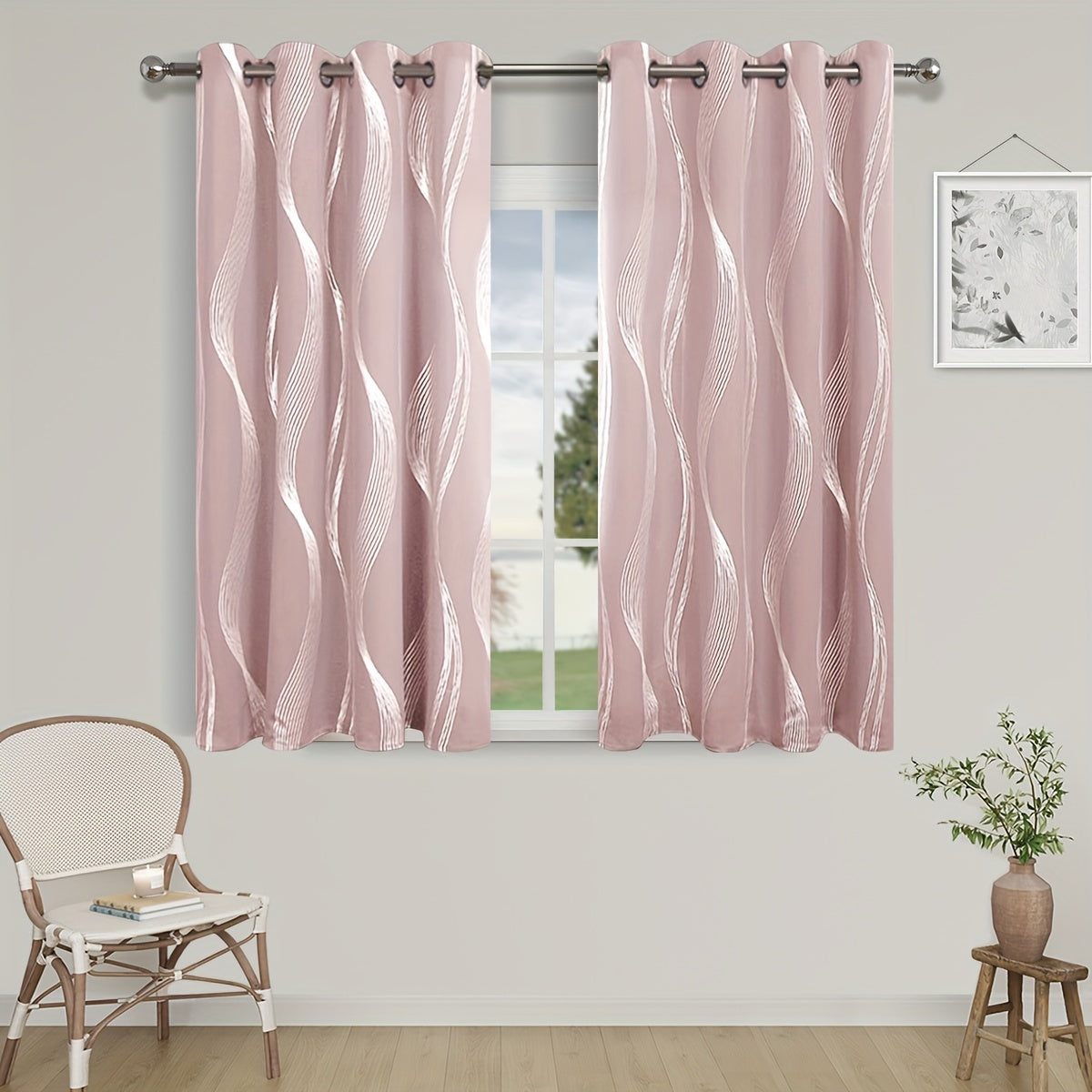 Verdunkelungsvorhänge Schwarz-Weiß Wellenmuster 2er Set - Ösenvorhänge