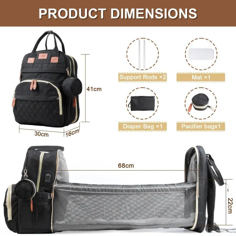 Schwarzer grovy eltern-rucksack mit steppstoff rosegold akzenten und multifunktionaler wickeltasche mit klappbarem wickelmatte online bestellen