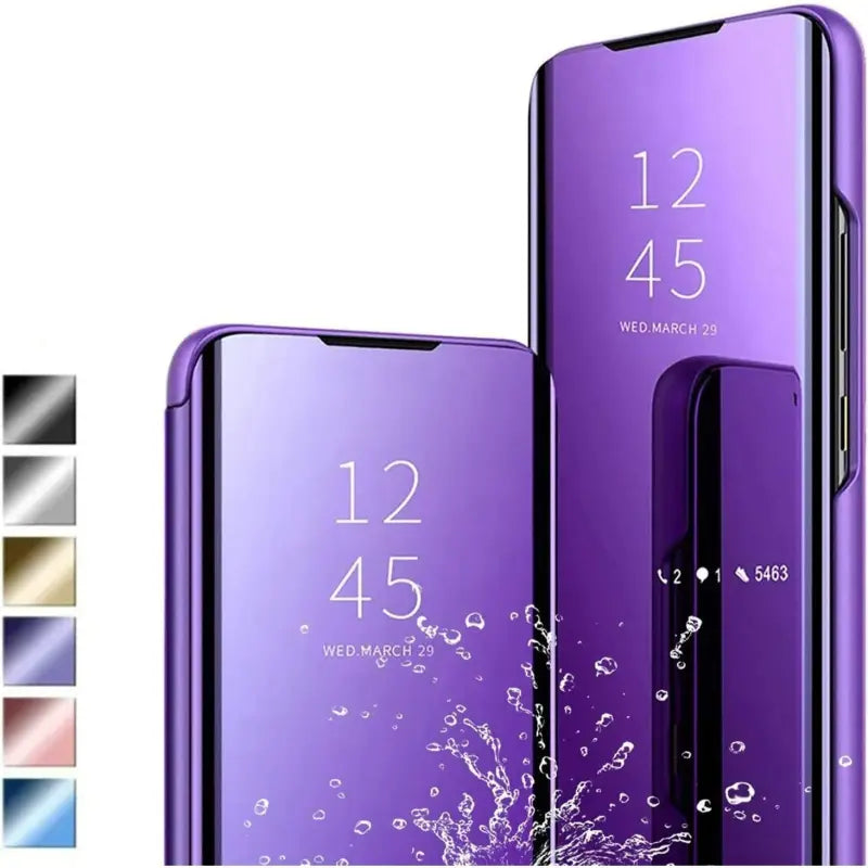 Lila samsung flip case mit smart view fenster und spiegelnder rückseite zeigt zeit und datum beim öffnen günstig online bestellen