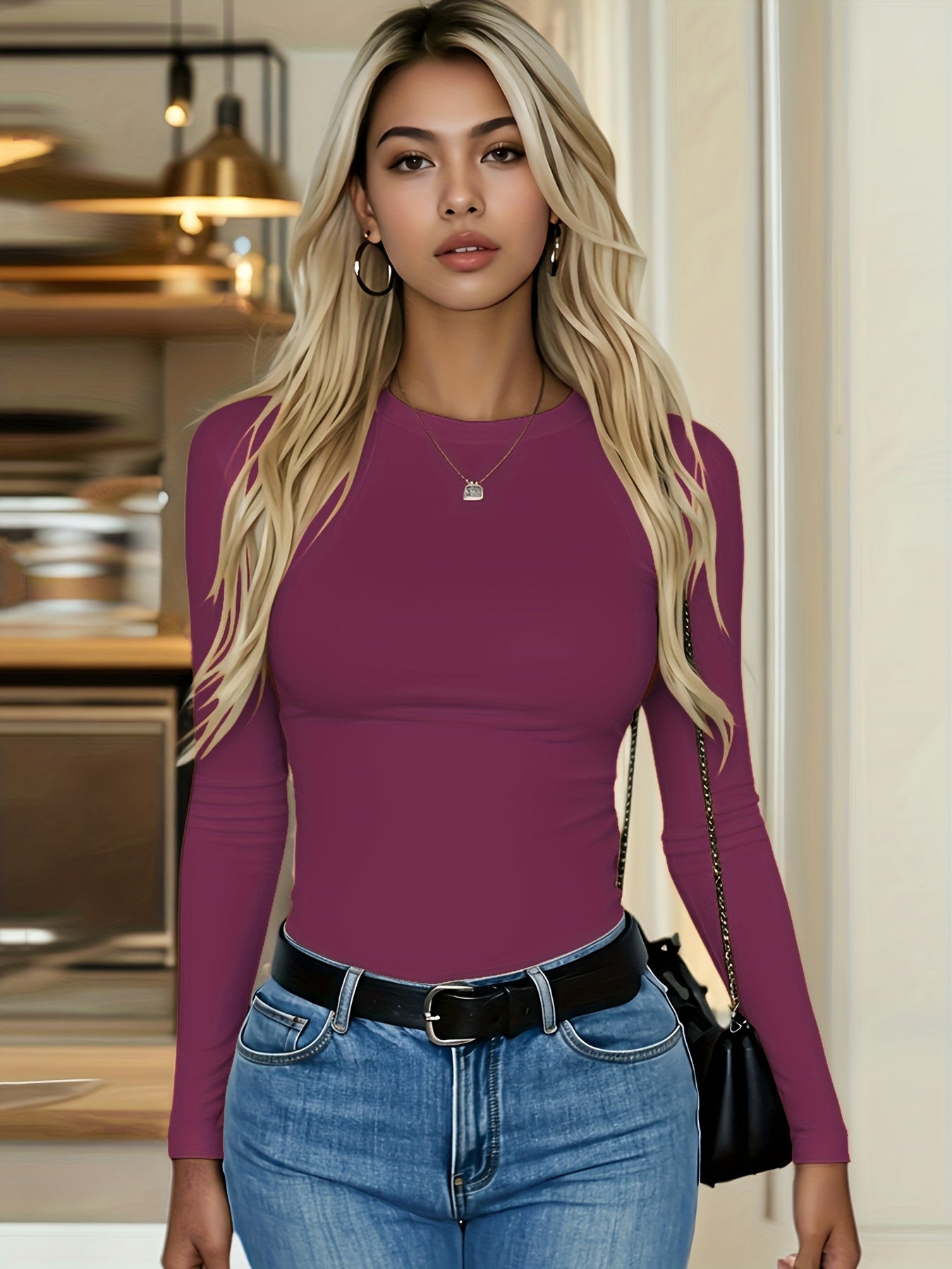 4er-Pack Damen Langarmshirts Rundhals – Stretch Basic-Tops Uni-Farben